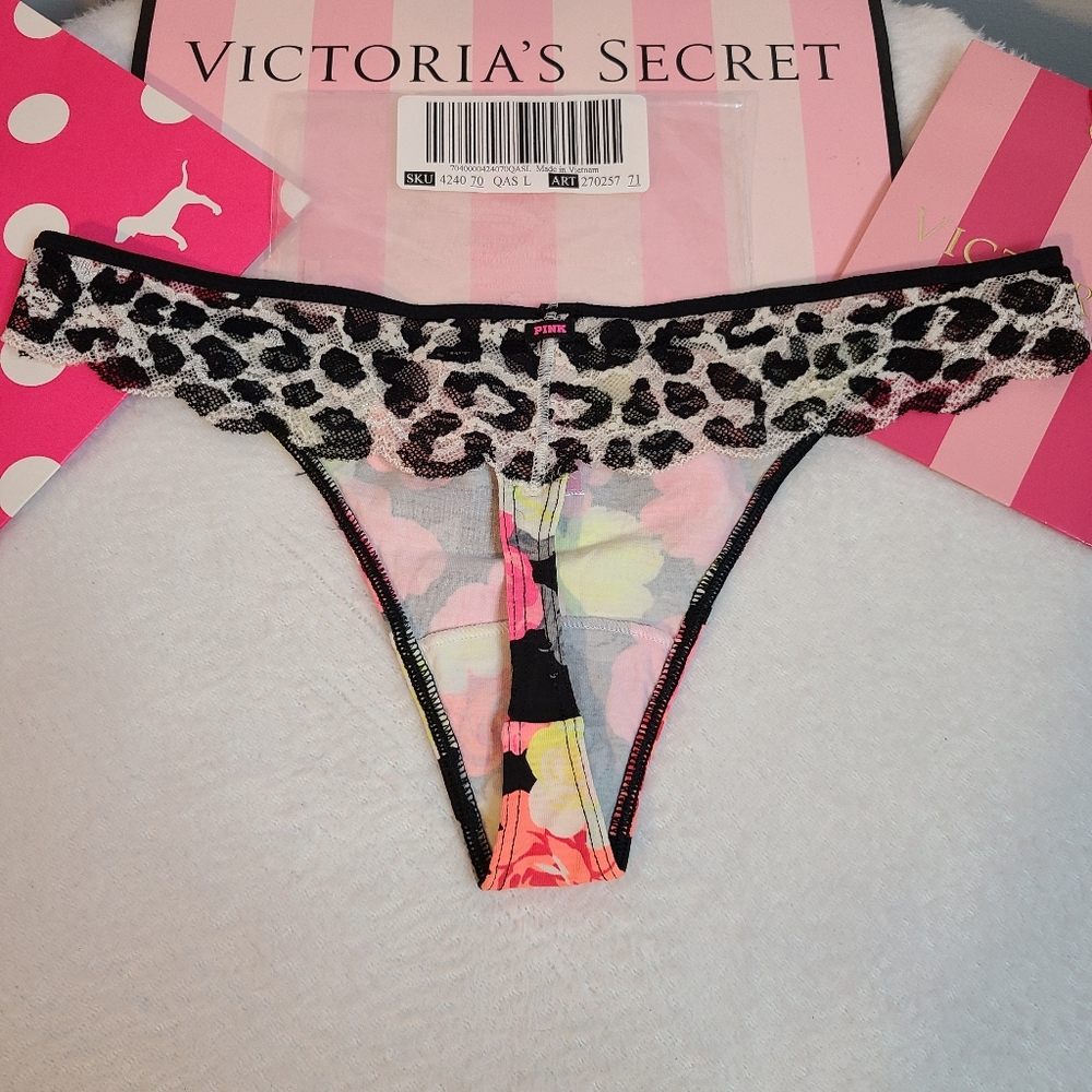 Y2K VS PINK Classic Cotton Lace Back Extra Low Rise Thong Panty Size Lg - Picture 3 of 6